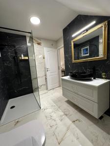 a bathroom with a shower and a toilet and a mirror at Apartments Green Linden in Lipovača