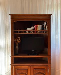 a wooden entertainment center with a television and books at VILA GUIA in Valdreu in Braga