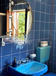 uma casa de banho azul com um lavatório e um espelho em VILA GUIA in Valdreu em Braga