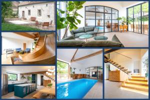 a collage of pictures of a house at Les GRANDS enfants - 1h15 de Paris - Piscine intérieure chauffée - Offres Pro in Subligny