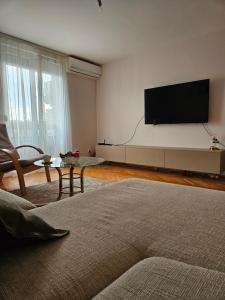 uma sala de estar com uma televisão de ecrã plano na parede em Epicentar apartment em Loznica