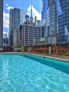 een groot zwembad in een stad met hoge gebouwen bij Hilton Toronto in Toronto