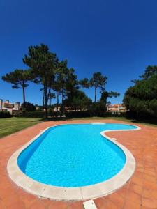 a swimming pool with blue water in a yard at À Beira Lago - Casa de férias in Mira