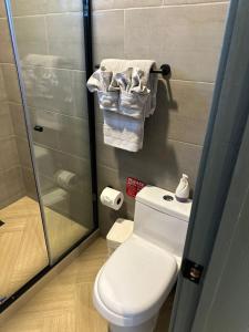 een badkamer met een toilet en een douche met handdoeken bij Habitación 23 - Green Casitas in Ensenada