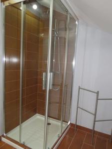 a shower with a glass door in a bathroom at Cantinho do Mel in Castro Daire