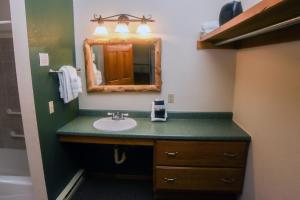 een badkamer met een wastafel en een spiegel bij Timber Creek Chalets- 11 chalet in Estes Park