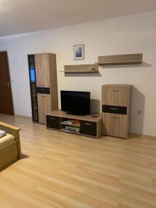 a living room with a flat screen tv and wooden cabinets at Gasthof zur Sägemühle in Hiltpoltstein