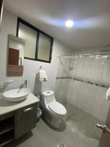 a bathroom with a toilet and a sink at Elsita departamento vacacional in Baños