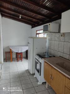 a kitchen with a stove and a microwave at Chales Mata Atlantica De Ubatuba in Ubatuba