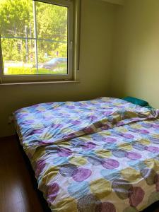 Room in flat 174 في خنت: سرير مع لحاف ملون في غرفة مع نافذة
