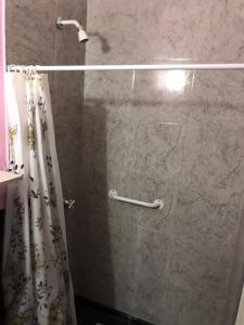 ducha con puerta de cristal y cortina de ducha en Ruta del vino Alojamientos en Maipú