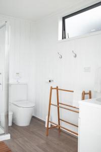 uma casa de banho com um WC, um lavatório e um espelho. em Aotearoa Surf Eco Pods em Te Arai