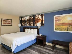 1 dormitorio con 1 cama con pared azul en Days Inn by Wyndham Rosenberg, en Rosenberg