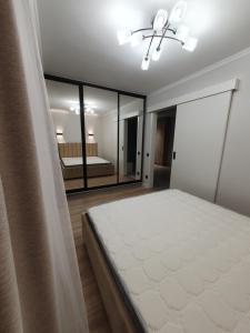 1 dormitorio con 1 cama grande y espejo en Auezov Apartment, en Almaty