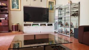uma sala de estar com uma televisão de ecrã plano e um centro de entretenimento em Huaraz Colonial em Huaraz