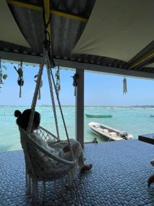 a panda bear is sitting in a hammock at Loyal friend hostel karimunjawa in Karimunjawa