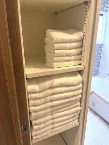 un portasciugamani con asciugamani in bagno di Naos House Osaka 4 New Open 一軒家貸切 ad Osaka