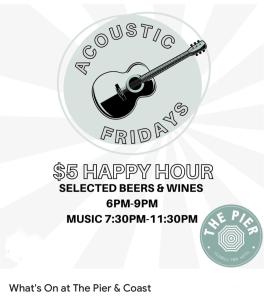 a guitar happy hour sign with a guitar on it at Absolute Beachfront at the Pier Glenelg in Adelaide