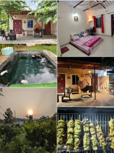 un collage di foto di una casa con piscina di Sattva Farmstay a Bangalore