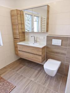 bagno con servizi igienici, lavandino e specchio di Privatzimmervermietung Fiausch a Kalwang