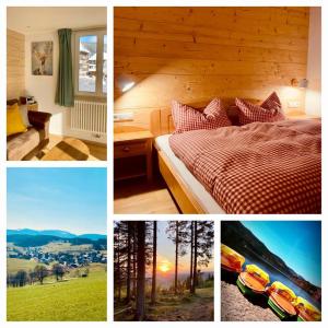 a collage of pictures of a bedroom with a bed at Gästehaus Steiert Fewo Kuhbergblick in Lenzkirch