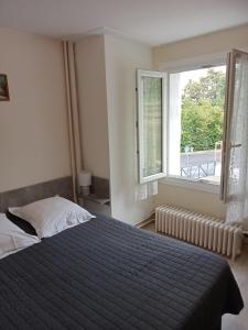 Schlafzimmer mit einem Bett und einem Fenster in der Unterkunft Hôtel Restaurant de la Gare (Studios Du Breuil) in La Roche-Posay