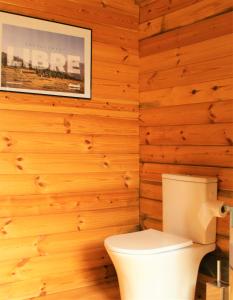 La salle de bains est pourvue de toilettes et d'un mur en bois. dans l'établissement Chalet Ariégeois, à Saint-Ybars