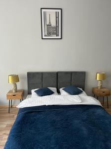1 dormitorio con 1 cama con manta azul y 2 lámparas en Grunwaldzki24 Apartments - FREE PARKING - OLD TOWN, CENTRUM, en Wroclaw