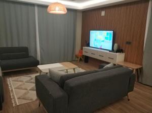 Villa Oliva في Köyceğiz: غرفة معيشة مع أريكة وتلفزيون