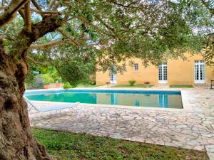 a swimming pool in front of a house with a tree at Maison Coqueréaumont in Montagne
