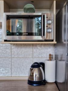 a kitchen counter with a toaster and a microwave at Boulevard Apartments in Kumanovo