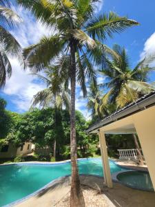 a palm tree next to a swimming pool at LeoMar 2 Diani Beach Ferienhaus mit grossen tropischen Garten und Pool in Ukunda