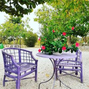 una mesa púrpura y dos sillas con flores. en I MaTrulli, en Cisternino