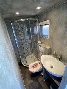 een badkamer met een douche en een wastafel bij Blue Ocean K40 in Makkum