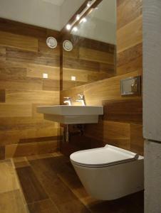 a bathroom with a sink and a toilet at Willa Potoczówka in Rzyki