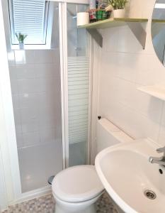 a white bathroom with a toilet and a sink at The Green Apple Durbuy in Durbuy