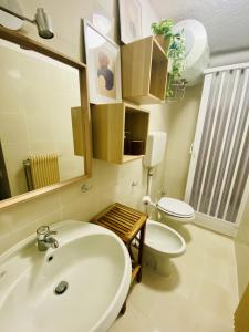 ein Badezimmer mit einem Waschbecken, einem WC und einem Spiegel in der Unterkunft La Finestra sul Brenta con POSTO AUTO PRIVATO AL CENTRO di MAD di Campiglio CIPAT O22233-AT-O13262 in Folgarida