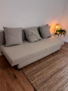 um sofá sentado numa sala de estar com um tapete em Bergoase Relax&Spa em Unteropfingen