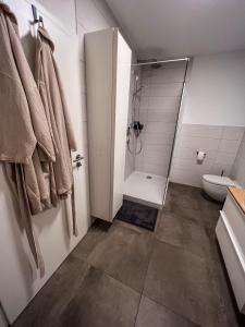 a bathroom with a shower and a toilet at Bergoase Relax&Spa in Unteropfingen