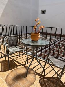 una mesa con una maceta en la parte superior de un balcón en Apartamento Plata Real, en Sanlúcar de Barrameda
