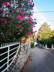 a fence with pink flowers on the side of a road at Apartmani LJUBICA in Utjeha