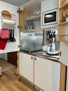 cocina con armarios blancos y microondas en Villa Pauline - FeWo Bordeaux, en Bad Sooden-Allendorf