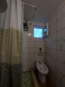 a bathroom with a shower curtain and a sink at Vikendica Nada in Ljubovija