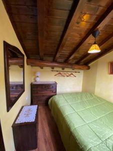 a bedroom with a green bed and a wooden ceiling at La herradura, acogedora casa en Montemayor del Río in Montemayor del Río