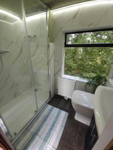 a bathroom with a shower and a toilet and a window at The Bus Stop in Stokesley