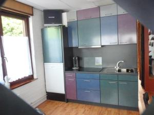 een keuken met blauwe kasten en een wastafel bij De Hendrikhove in Brunssum