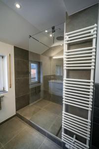 a bathroom with a shower with a glass door at Ferienwohnung am Starnberger See in Feldafing