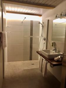 a bathroom with a shower and a sink at Hotel Alpenland in Moso