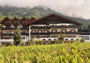 un grand bâtiment avec une montagne en arrière-plan dans l'établissement Hotel Alpenland, à Moso in Passiria