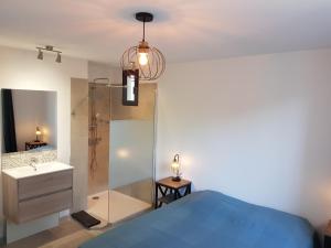 - une chambre avec une douche, un lit et un lavabo dans l'établissement Maison avec piscine, à Vaison-la-Romaine